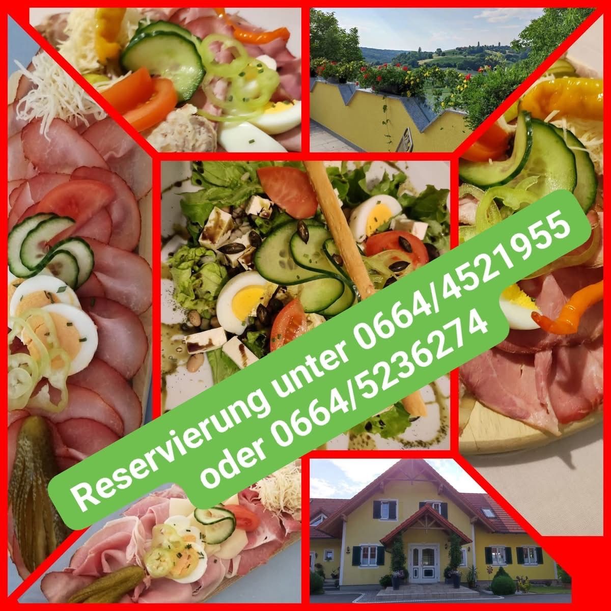 Food collage with various meals, including sandwiches, salads, and eggs. Green text overlay reads 'Reservierung unter 0664/4521955 oder 0664/5236274'. House in the corner.