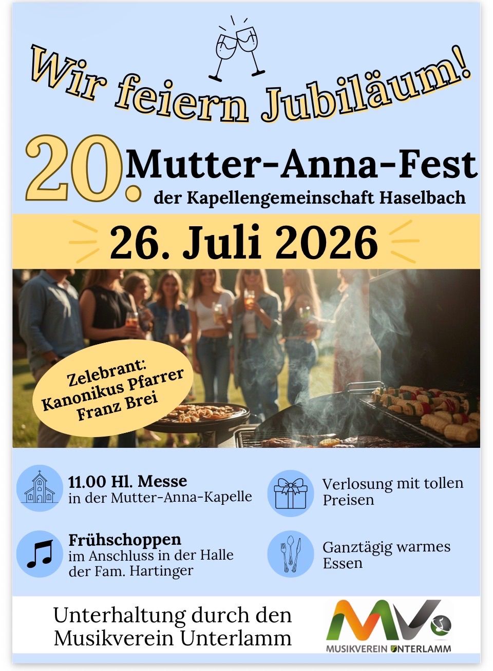 20. Mutter-Anna-Fest in Haselbach am 26. Juli 2026 mit Grill und Gästen