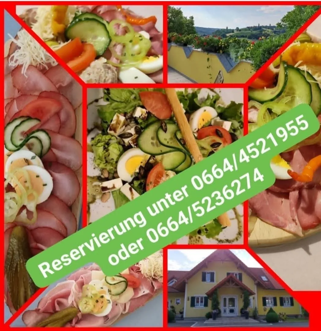 Eine Collage verschiedener Lebensmittel, einschließlich Salate, Fleisch und Eier, mit einem Haus und einer Telefonnummer zur Reservierung.