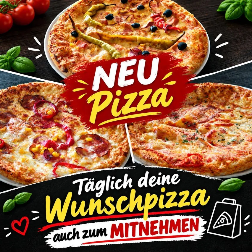 Ein Werbebild für ein Pizzarestaurant mit drei verschiedenen Pizzen auf einem hölzernen Hintergrund. Die oberste Pizza hat ein lächelndes Gesicht aus Gemüse, die mittlere Pizza hat rote Paprika und Mais, und die unterste Pizza hat eine Käsezutat.