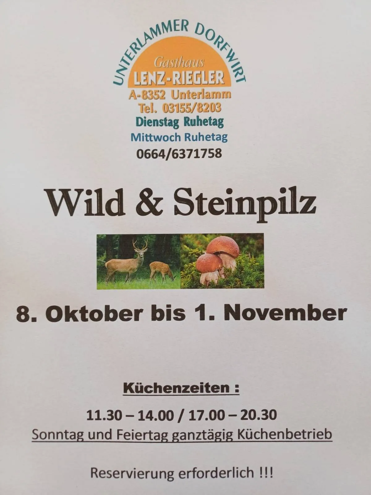 Ein Plakat für das Gasthaus Lenz-Riegler Unterlamm, das einen Hirsch und einen Pilz zeigt. Das Plakat enthält die Daten vom 8. Oktober bis 1. November, Küchenzeiten und einen Hinweis auf obligatorische Reservierungen.
