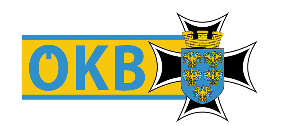Ein Logo mit den Buchstaben 'OKB' in Blau mit gelbem Rand, begleitet von einem blauen Wappen mit zwei goldenen Adlern.