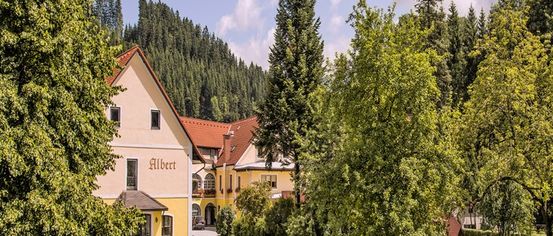 Ein gelbes Haus namens Albert ist von üppigen Bäumen und Bergen unter einem blauen Himmel umgeben.