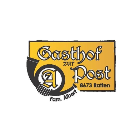 Das Logo für Gasthof zur Post, gelegen in Ratten, Österreich. Es hat einen gelben Hintergrund mit schwarzen Rändern und beinhaltet den Text Gasthof zur Post und die Adresse 8673 Ratten.