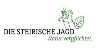Logo für Die Steirische Jagd mit zwei Hirschköpfen mit Geweih und Blättern, darunter der Text 'Die Steirische Jagd' und 'Natur verpflichtet'.