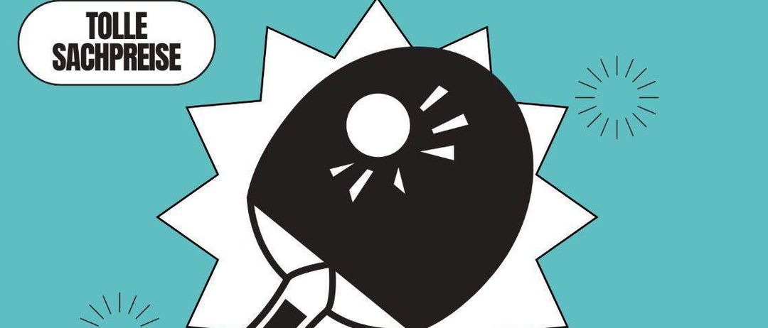 Plakat für ein Tischtennisturnier. Es zeigt eine Grafik eines Tischtennisschlägers vor blauem Hintergrund mit Strahlen. Das Event ist für Samstag, 15. November 2025, um 13:30 Uhr geplant.