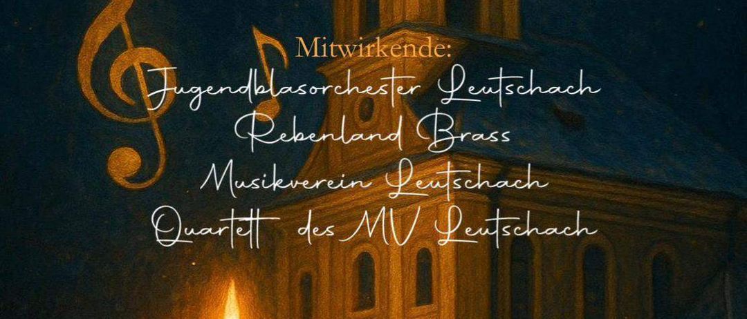 Ein Plakat bewirbt ein Benefizkonzert um 16:00 in der Pfarrkirche Leutschach. Beteiligte sind das Jugendorchester, Rehenbach Brass und der Musikverein. Eine brennende Kerze symbolisiert eine wohltätige Sache.