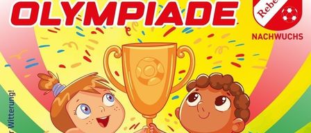 Illustration of two children holding a golden trophy. The background features confetti and a yellow, green, and red gradient. Text reads 'Sommer Olympiade'.