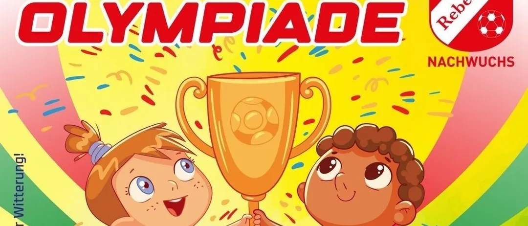 Illustration von zwei Kindern, die einen goldenen Pokal halten. Der Hintergrund zeigt Konfetti und einen gelben, grünen und roten Farbverlauf. Der Text lautet 'Sommer Olympiade'.