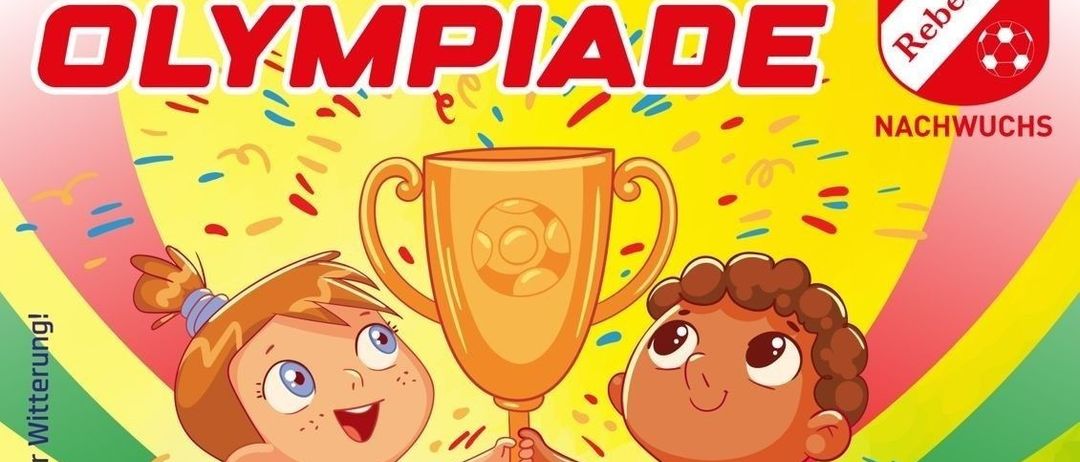 Illustration von zwei Kindern, die einen goldenen Pokal halten. Der Hintergrund zeigt Konfetti und einen gelben, grünen und roten Farbverlauf. Der Text lautet 'Sommer Olympiade'.