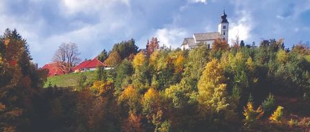 Eine weiße Kirche mit einem hohen Turm steht auf einem Hügel, umgeben von einem Wald mit herbstlich gefärbten Bäumen. Der Himmel ist blau mit flauschigen Wolken.