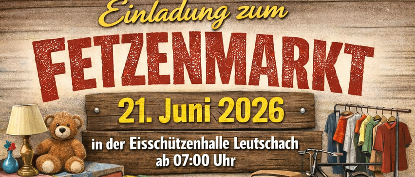 Plakat für einen Flohmarkt am 21. Juni 2026. Es enthält Angaben zum Datum, zur Uhrzeit und zum Ort. Das Plakat listet auch die Preise für die Artikel auf und erwähnt ein Entenrennen.