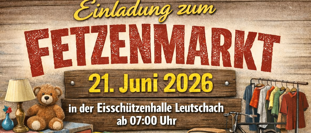 Plakat für einen Flohmarkt am 21. Juni 2026. Es enthält Angaben zum Datum, zur Uhrzeit und zum Ort. Das Plakat listet auch die Preise für die Artikel auf und erwähnt ein Entenrennen.