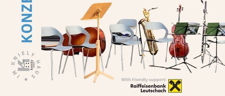 Ein Plakat für das Konzertprogramm 2026 mit verschiedenen musikalischen Veranstaltungen in Leutschach, einschließlich einer klassischen Soiree, Volksmusik, einem Crossover-Konzert und einem Musikwerkstatt-Konzert. Das Plakat enthält Termine, Uhrzeiten und Orte für jede Veranstaltung.