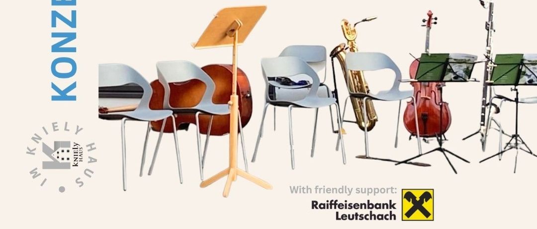 Ein Plakat für das Konzertprogramm 2026 mit verschiedenen musikalischen Veranstaltungen in Leutschach, einschließlich einer klassischen Soiree, Volksmusik, einem Crossover-Konzert und einem Musikwerkstatt-Konzert. Das Plakat enthält Termine, Uhrzeiten und Orte für jede Veranstaltung.
