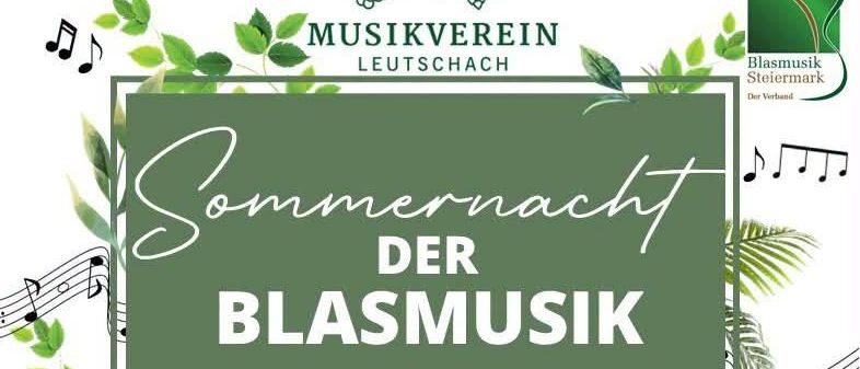 Plakat für einen Sommernacht der Blasmusik am 8. August 2026, Beginn um 17 Uhr am Schulcampus Klostergasse 2. Zusätzliche Aufführungen an verschiedenen Orten.