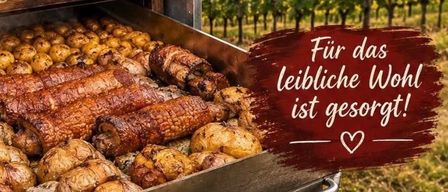 Ein Plakat bewirbt das Sigis Kistenbratl-Event am 30. August 2026 mit einem Grillrost, gefüllt mit gebratenem Fleisch und Kartoffeln, vor einer Weinbergkulisse.