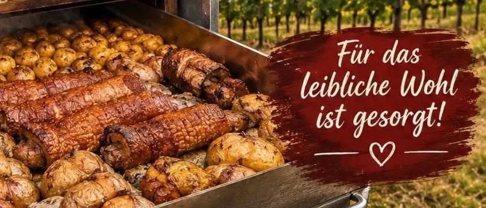 Ein Plakat bewirbt das Sigis Kistenbratl-Event am 30. August 2026 mit einem Grillrost, gefüllt mit gebratenem Fleisch und Kartoffeln, vor einer Weinbergkulisse.