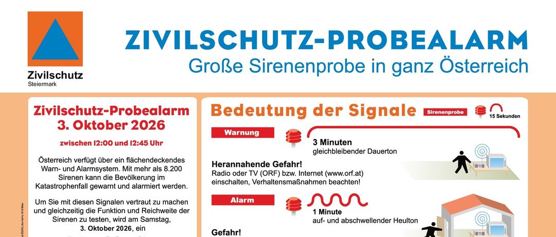Plakat für einen Zivilschutzalarmtest in Österreich im Oktober 2026. Es enthält Details zum Testzeitpunkt, Signalbedeutungen und Anweisungen zum Verhalten während des Alarms. QR-Code zum Herunterladen der ZIVA-App ist ebenfalls vorhanden.