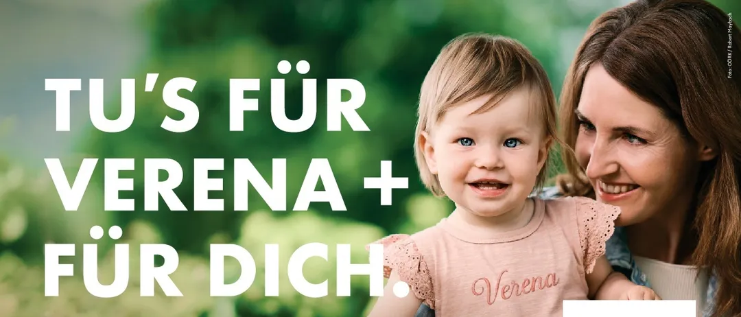 Ein Werbeplakat für eine Blutspendeveranstaltung am 5. Oktober mit einem lächelnden Kind und einer Frau mit dem Text 'Verena für dich' und 'Sei dabei. Spende Blut. Rettet Leben.'