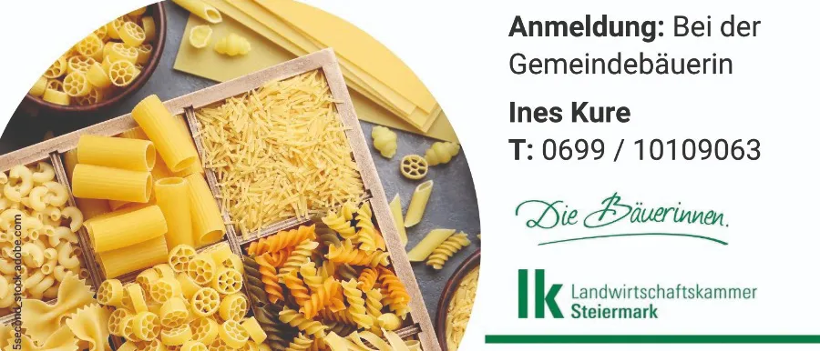 Ein Poster für einen Pasta-Workshop. Es zeigt verschiedene Nudelformen und Zutaten.