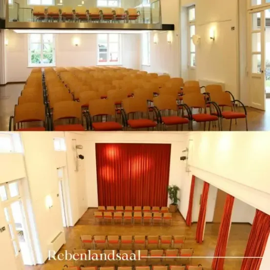 Zwei Ansichten eines leeren Saals. Die erste zeigt eine Galerie. Die zweite hat einen roten Vorhang.