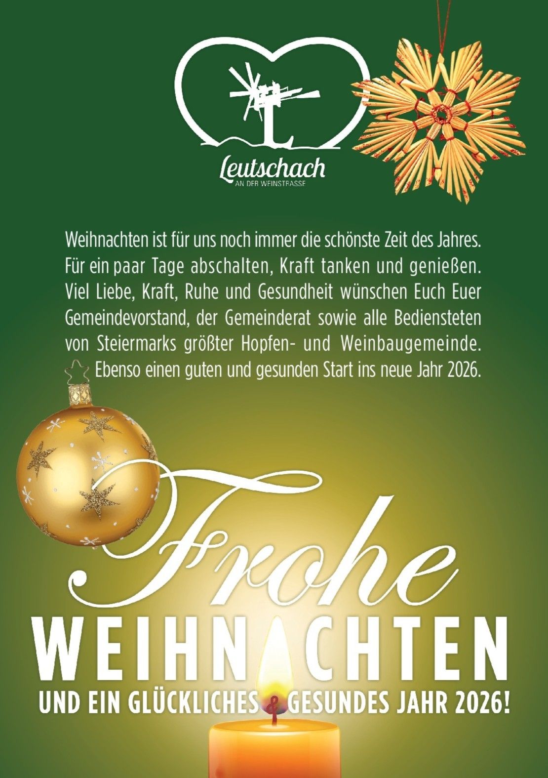 Eine Weihnachtskarte von LEUTSCHACHG mit einem goldenen Ornament, festlichen Texten und einer goldenen Kerzendekoration. Sie wünscht allen viel Liebe, Kraft, Ruhe und Gesundheit für die Feiertage.