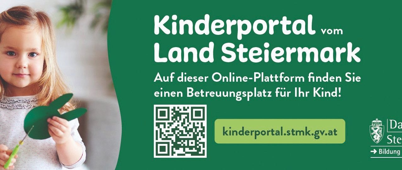Grüner Banner für Kinderportal Land Steiermark mit einem QR-Code und einem Website-Link unter dem Text.