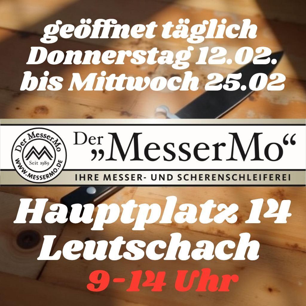An advertisement for 'Der MesserMo' features a knife on a wooden surface, open daily from February 12 to February 25. Location: Hauptplatz 14, Leutesch, open 9-14.