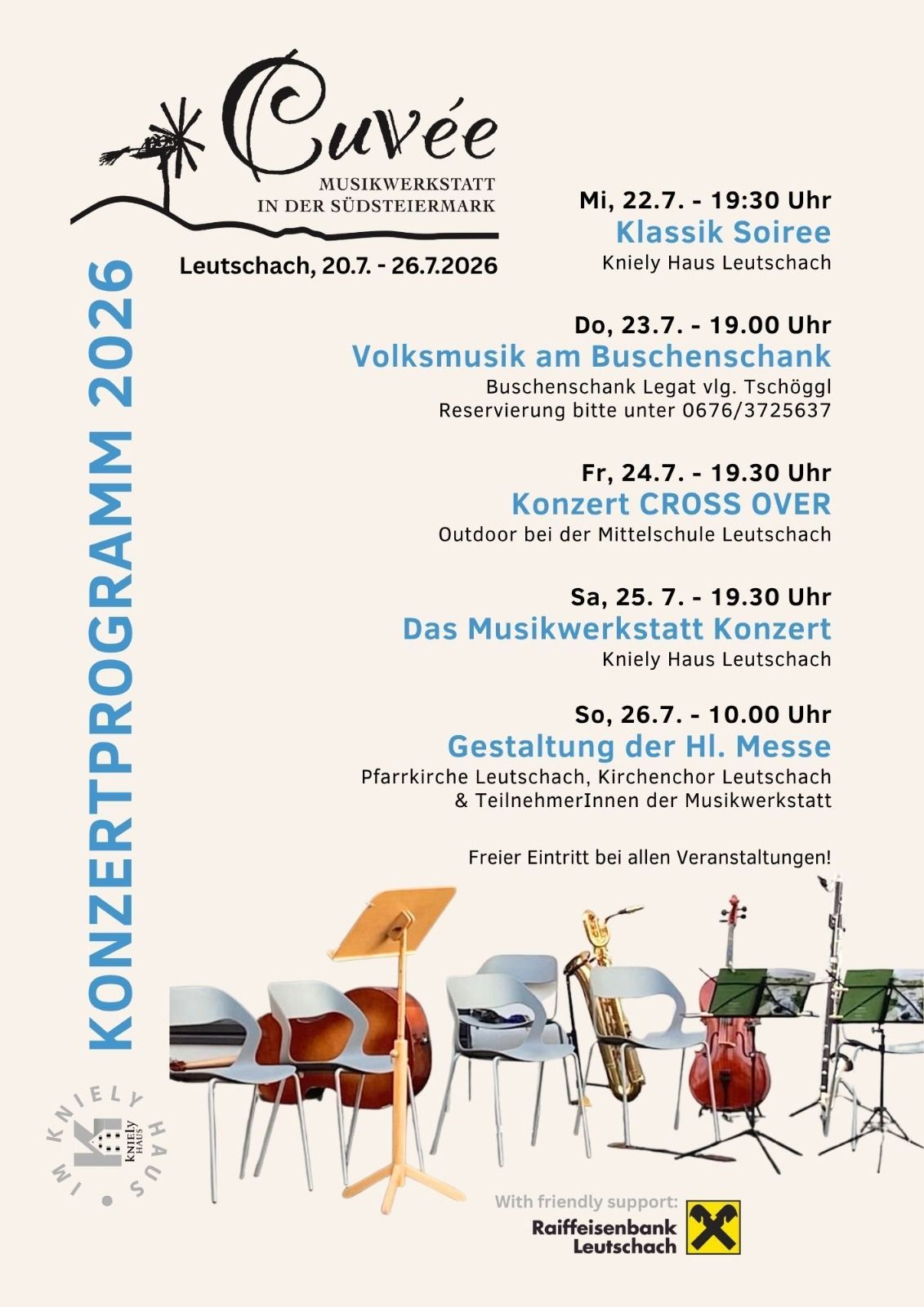 Poster for the 2026 Konzertprogramm in Leutschach, featuring a series of musical events from July 20 to July 26, including classical, folk, and crossover concerts, with details on dates, times, and locations. Musical instruments are depicted in the foreground.