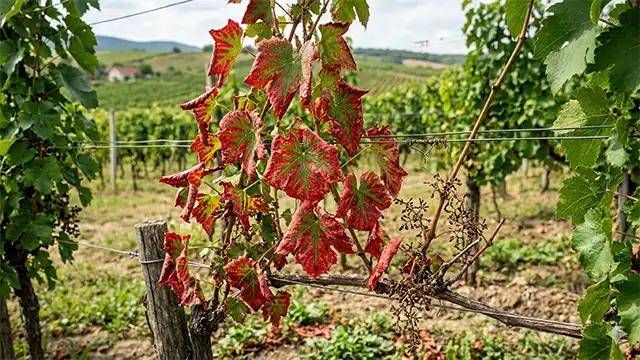 Ein Weinberg mit Weinreben, die eine Mischung aus grünen und roten Blättern zeigen, vor dem Hintergrund einer ländlichen Landschaft mit Bergen in der Ferne.