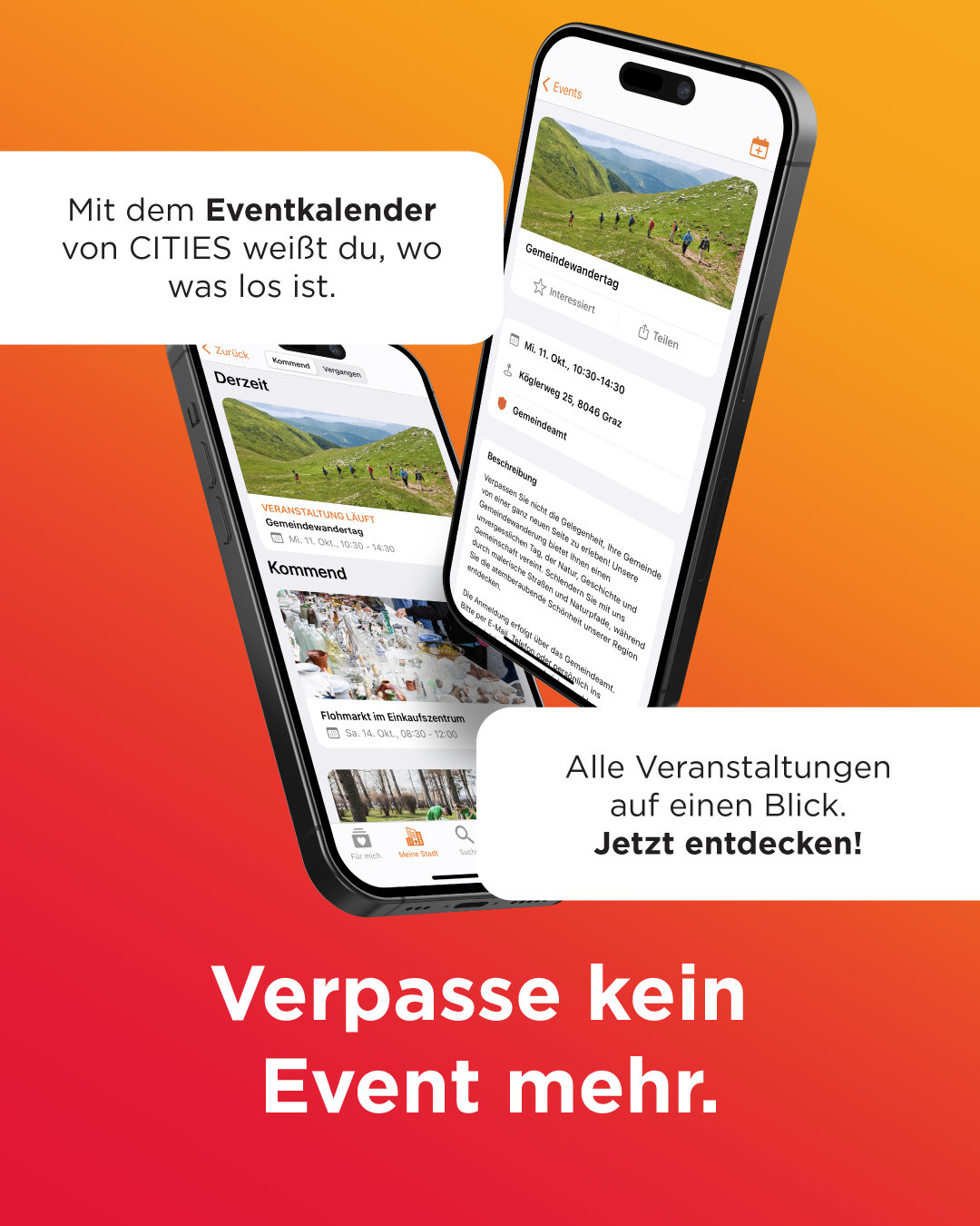An advertisement for the CITIES event calendar app on smartphones, highlighting an upcoming community hiking event. The app interface is shown with event details and a scenic background.