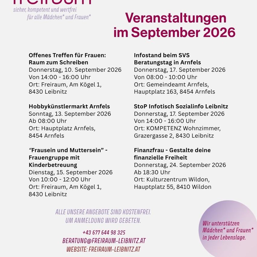 Ein Flyer mit verschiedenen Veranstaltungen im September 2026, einschließlich eines offenen Treffens für Frauen, eines Hobbykünstlermarktes und einer Finanzberatung. Jede Veranstaltung listet Datum, Uhrzeit und Ort auf. Der Flyer enthält auch Kontaktinformationen und einen Hinweis, dass alle Dienste kostenlos sind.