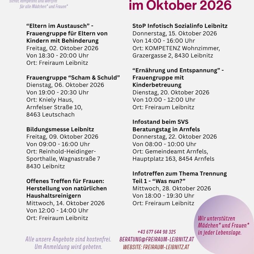 Ein Flyer mit verschiedenen Veranstaltungen für Oktober 2026, einschließlich 'Eltern im Austausch', 'STOP Infotisch Sozialinfo Leibnitz', 'Ernährung und Entspannung', 'Bildungsmesse Leibnitz', 'Beratungstag in Arnfels' und 'Infotreffen zum Thema Training Teil 1 - Was nun?'. Jede Veranstaltung hat ein bestimmtes Datum, eine Uhrzeit und einen Ort. Der Flyer erwähnt auch, dass alle Angebote kostenfrei sind.