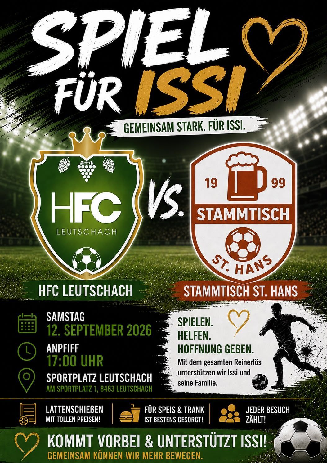 Plakat für ein Fußballspiel zwischen HFC Leutschach und Stammtisch St. Hans. Das Spiel ist für den 12. September 2026 um 17:00 Uhr angesetzt. Das Plakat zeigt die Teamlogos, einen Fußball und einen Stadionhintergrund.