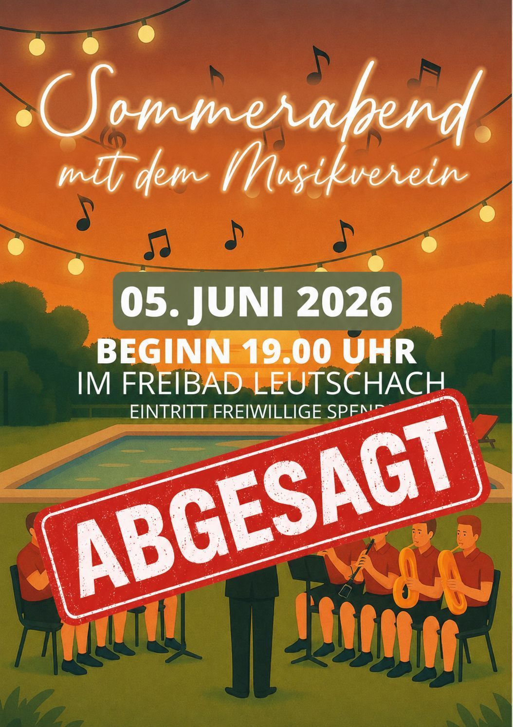 Plakat für einen Sommerabend mit dem Musikverein am 5. Juni 2026, Beginn 19.00 Uhr im Freibad Leutschach. Eintritt freiwillig.