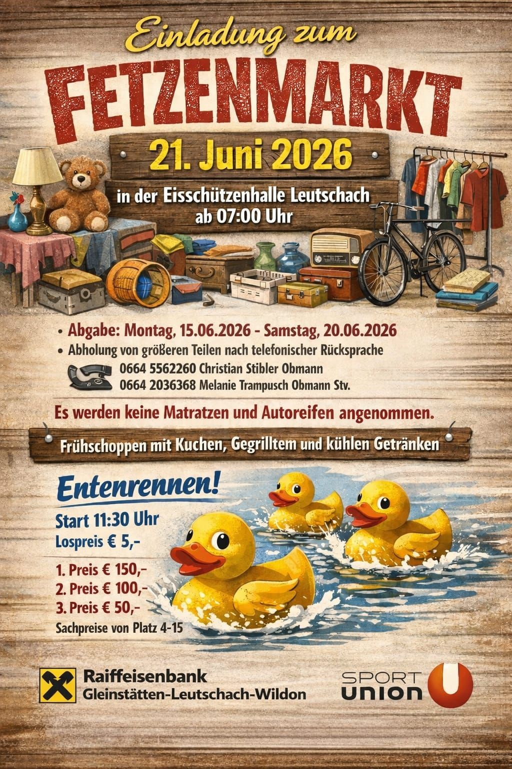 Poster for a flea market event on June 21, 2026. Items include toys, books, and furniture. Contact numbers and pricing for items. Duck-themed drawings with item price list.
