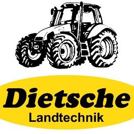 Ein schwarz-weißer Traktor mit den Worten 'Deutsche Landtechnik' darunter in einem gelben Kreis auf weißem Hintergrund.