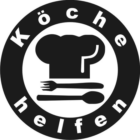 Ein kreisförmiges Logo mit den Worten 'Kochen helfen' in stilisierter Schrift. Es zeigt eine Kochmütze, eine Gabel und einen Löffel. Der Hintergrund ist weiß.