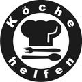 Ein kreisförmiges Logo mit den Worten 'Kochen helfen' in stilisierter Schrift. Es zeigt eine Kochmütze, eine Gabel und einen Löffel. Der Hintergrund ist weiß.