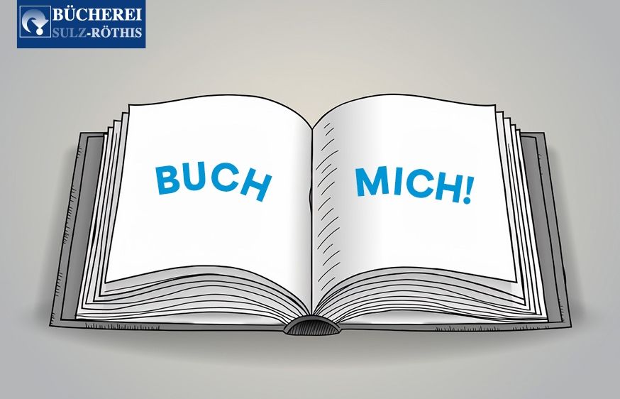 Ein offenes Buch mit den Worten 'BUCH' und 'MICH!' auf den Seiten. Der Hintergrund ist grau und oben links befindet sich ein Logo.