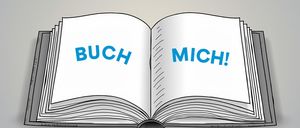 Ein offenes Buch mit den Worten 'BUCH' und 'MICH!' auf den Seiten. Der Hintergrund ist grau und oben links befindet sich ein Logo.