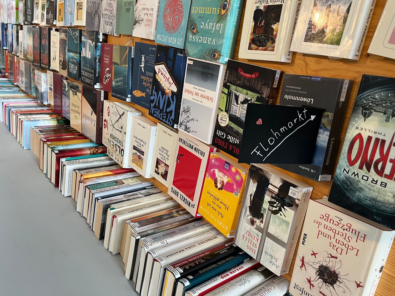 A wall lined with various books, including titles like 'Flohmarkt' and 'Das große Buch der Fliegen', arranged in rows with some books leaning against the wall.