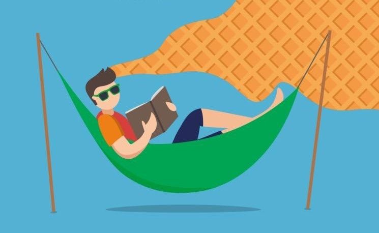 Illustration of a man relaxing in a hammock, reading a book. The hammock is green and is suspended from two wooden poles. In the background is a giant waffle.