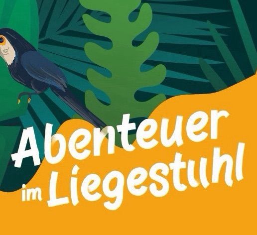 Illustration of a parrot perched on a tree branch. The text reads 'Abenteuer im Liegestuhl' in a fantasy font. The background is a tropical jungle.