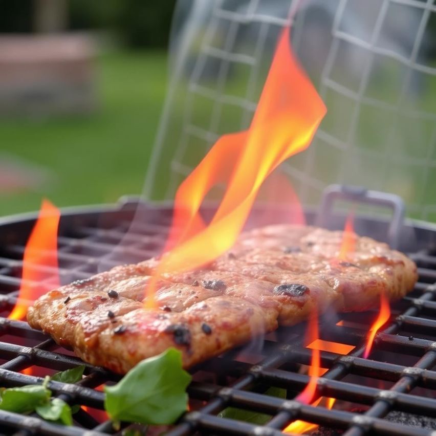 Eine Nahaufnahme von Fleisch, das auf einem Grillrost mit sichtbaren Flammen kocht, wobei die Grillroste und ein verschwommener grüner Hintergrund zu sehen sind.