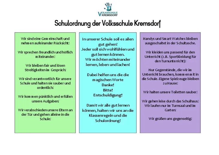 Drei Spalten enthalten Schulregeln für die Volksschule Kremsdorf. Die linke Spalte betont Respekt, Sauberkeit und Verantwortung. Die mittlere Spalte konzentriert sich auf Lernen, Leben und Lachen. Die rechte Spalte beschreibt Regeln zu Elektronik, Kleidung und Hygiene.