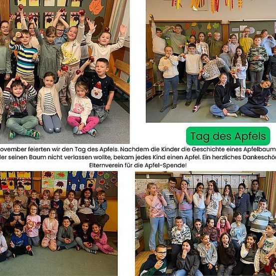 Vier Bilder von Kindern, die mit Äpfeln posieren und den Apfeltag am 14. November feiern. Die Kinder halten Äpfel und lächeln in die Kamera. Einige Kinder sitzen auf dem Boden, während andere stehen.
