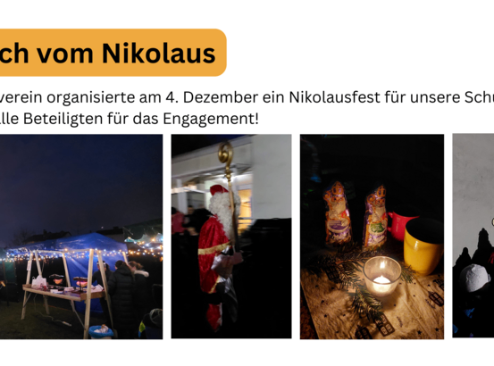 Eine Collage von Bildern, die eine von Eltern organisierte Feier für die Schule am 4. Dezember zeigt. Der Weihnachtsmann begrüßt die Teilnehmer, ein weihnachtlich geschmückter Tisch mit einer Kerze und eine Menschenmenge.