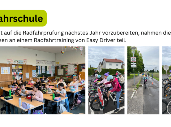 Drei Bilder zeigen Kinder im Klassenzimmer, auf der Straße Fahrrad fahren und in einer Gruppe Rad fahren. Der Text darüber lautet 'Radfahrschule'. Die Bildunterschrift erwähnt die Vorbereitung auf eine Fahrradprüfung im nächsten Jahr.